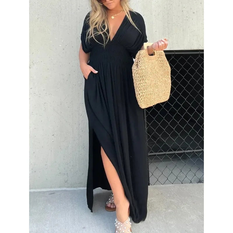 DivaElla™- Bat-sleeved V-neck Maxi Dress