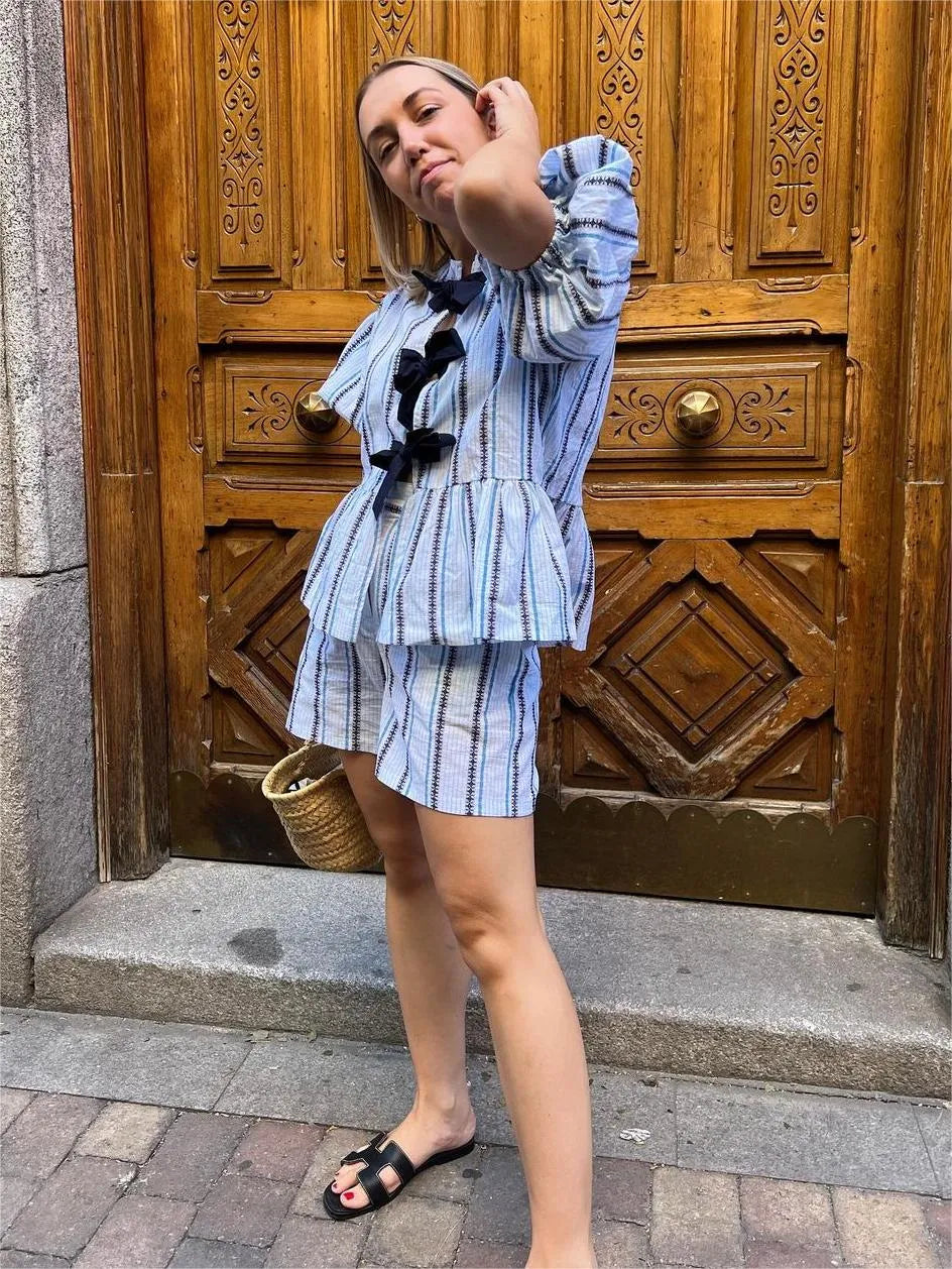 Bow Striped Blouse + FREE shorts