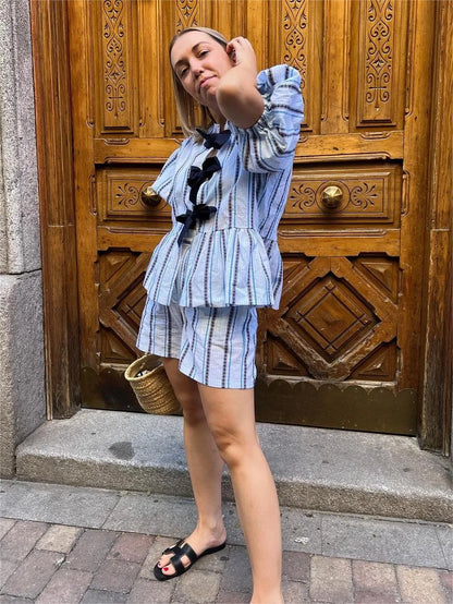 Bow Striped Blouse + FREE shorts