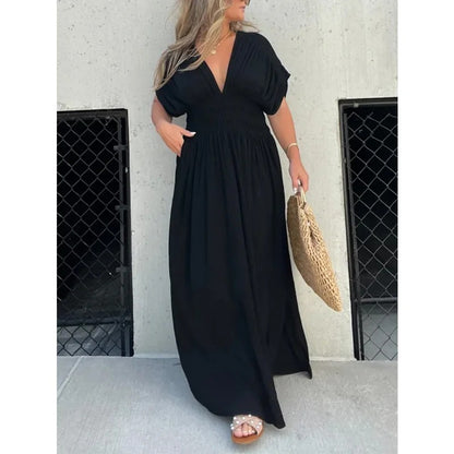 DivaElla™- Bat-sleeved V-neck Maxi Dress