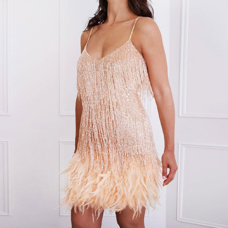 V-neck Feather Stitching Dress