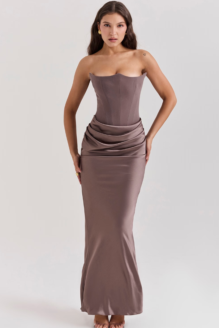 SMOKE STRAPLESS CORSET MAXI DRESS