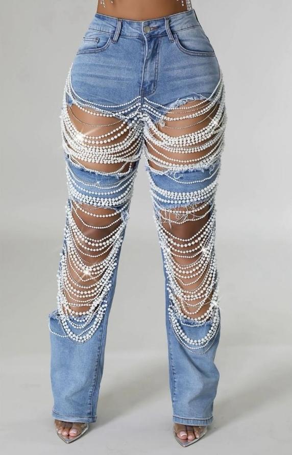 Casual Blue Pearls Denim Jeans